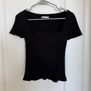 Zara Black Ribbed Square Neck Top